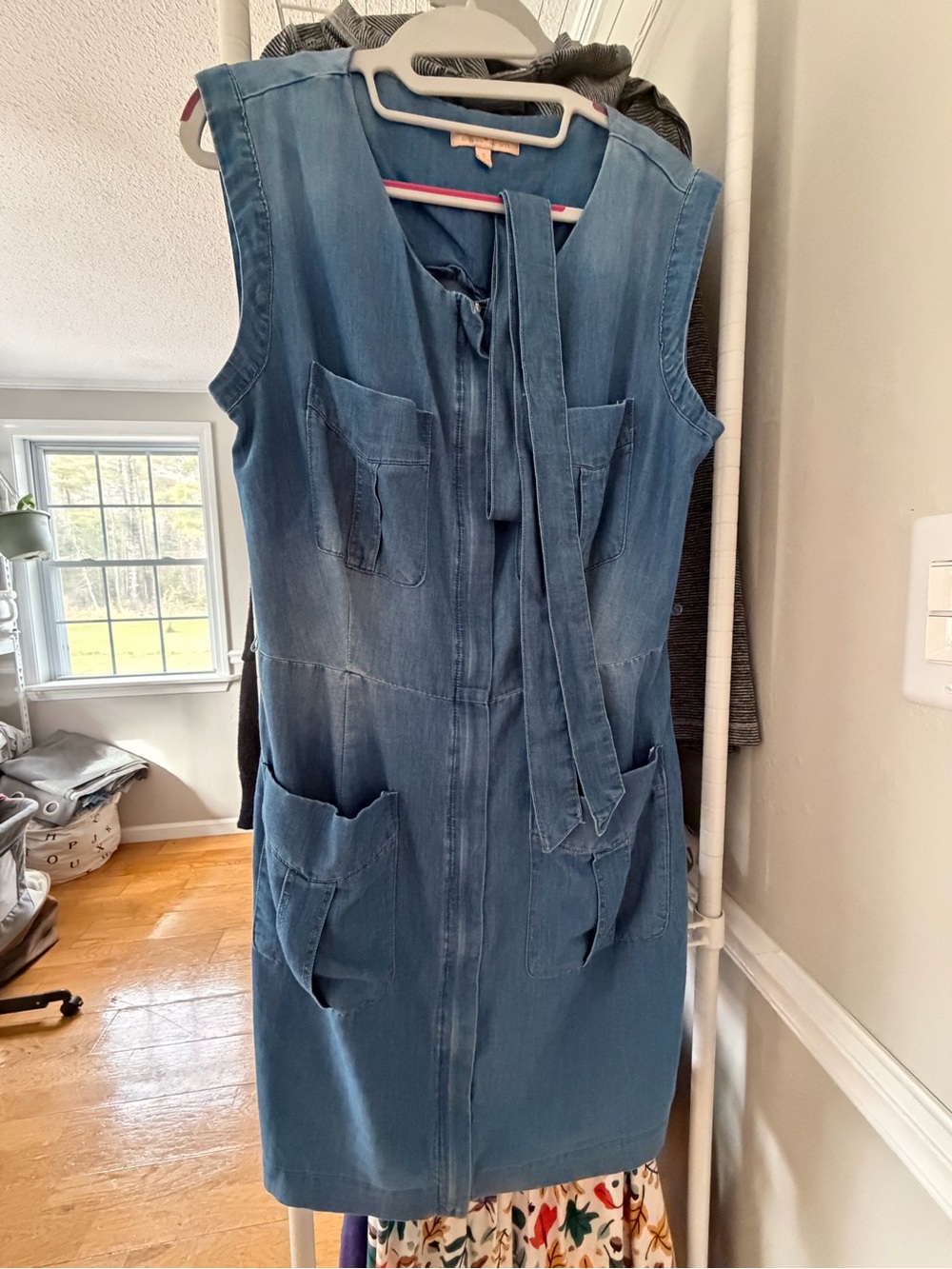 Sleeveless Denim Chambray Shift Dress with Tie Waist - Blue